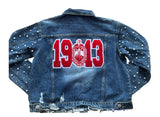 DST Pearl Embellished Sleeve Frayed Denim Jacket