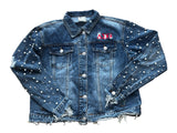 DST Pearl Embellished Sleeve Frayed Denim Jacket