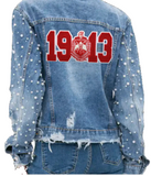 DST Pearl Embellished Sleeve Frayed Denim Jacket